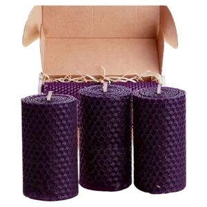 Beeswax Candles Set of Three Purple Honeycomb Textured Pillar Candles NEW